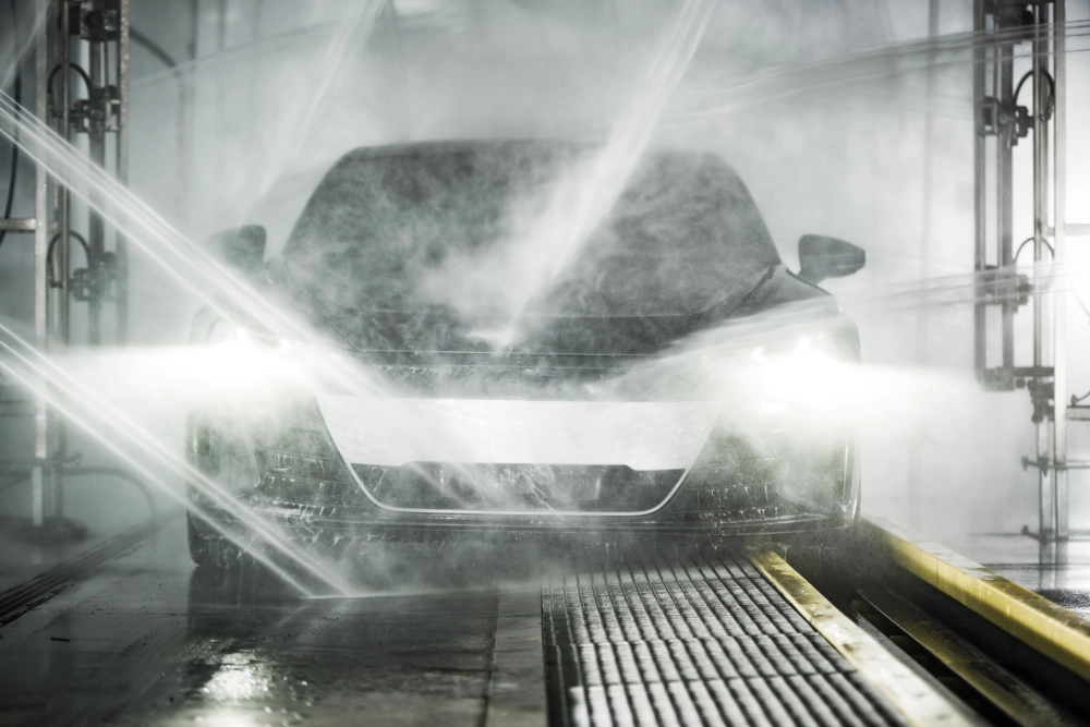 Car being washed in an automated car wash.